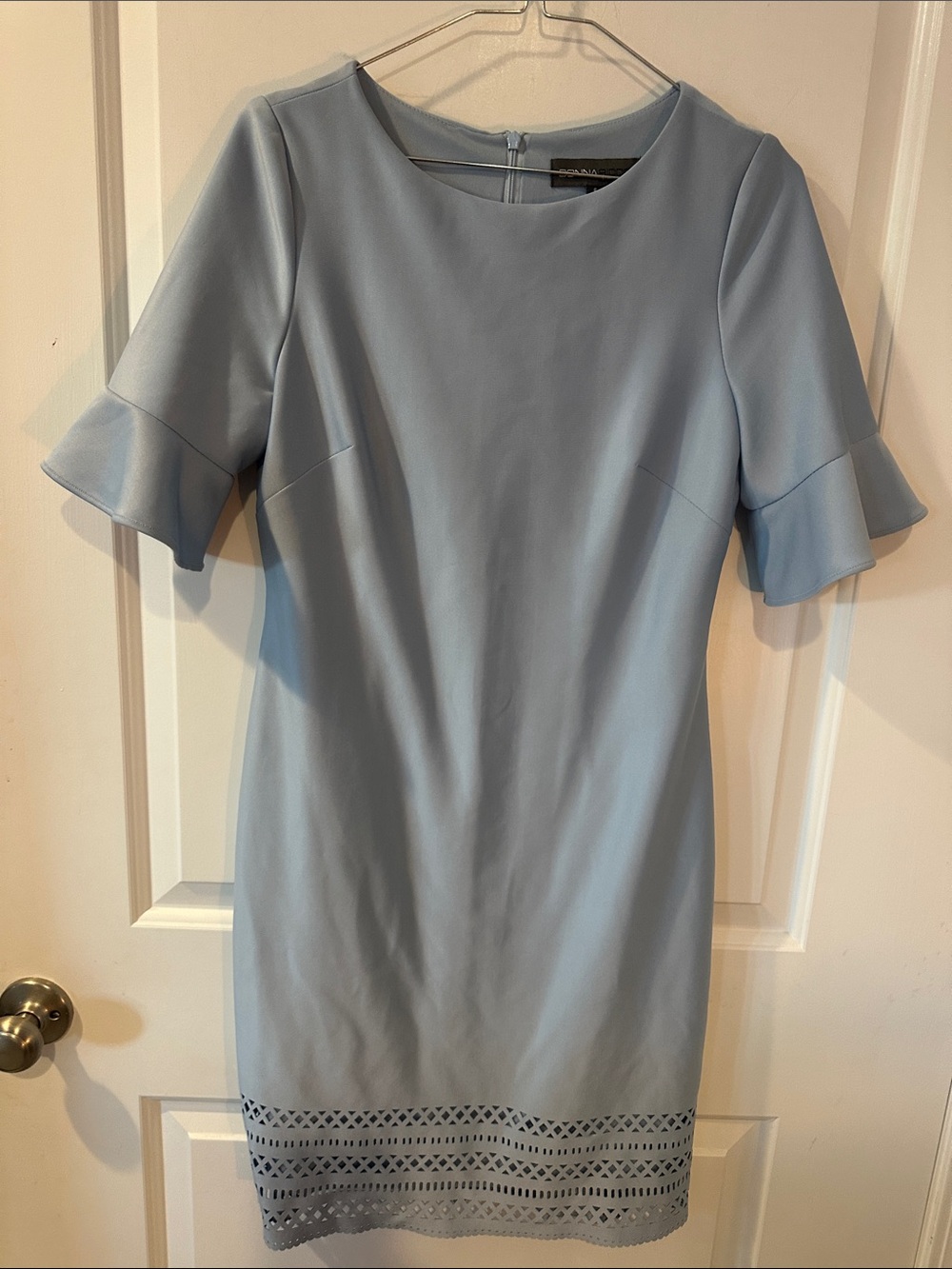 Donna Ricco Pale Blue Midi Dress with Laser-Cut Hem